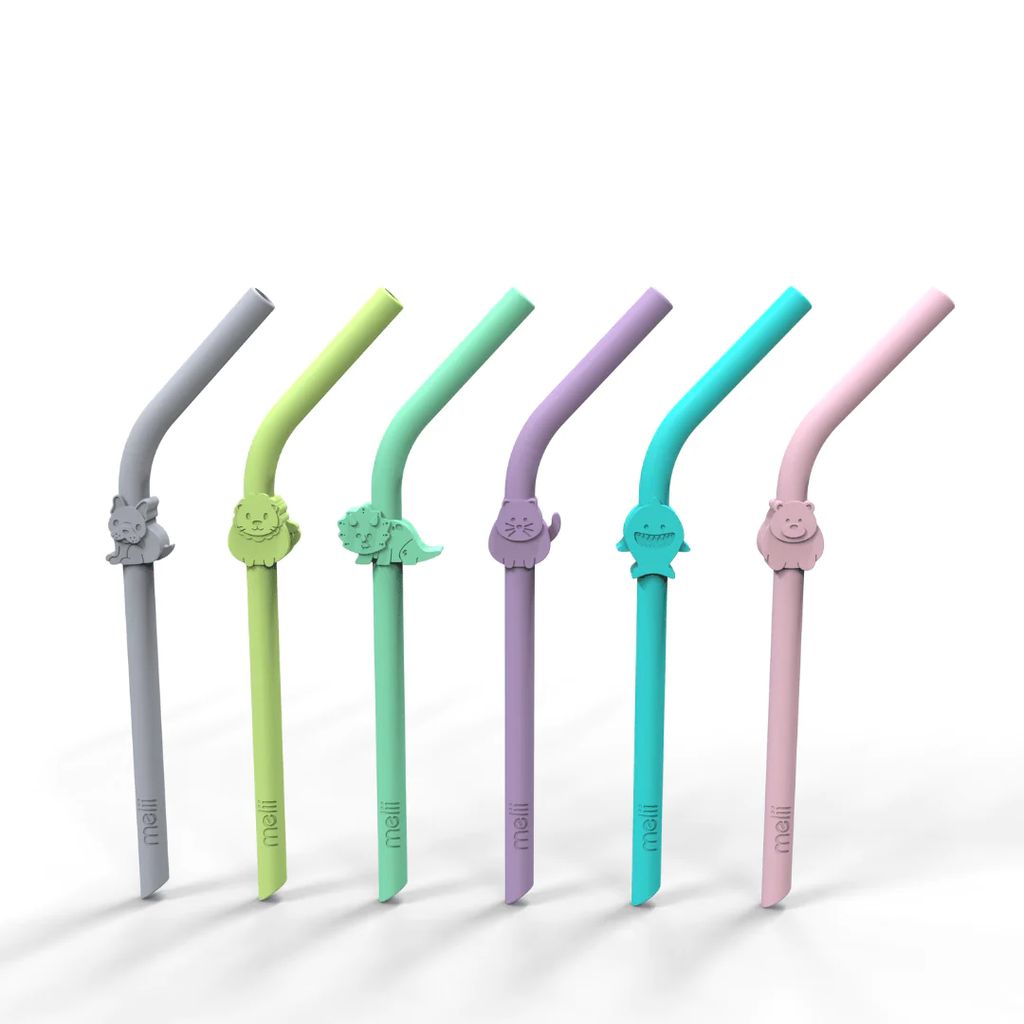 Silicone Animal Straws - Set Of 6 With Cleaning Brush