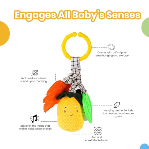 Nuluv Pineapple Baby Rattle Toy with Teething Leaf and Crinkle Sound, Soft Plush Developmental Toy for Sensory Play, Lightweight and Portable, Non-Toxic, BPA-Free, Travel-Friendly, for Kids 3+ Months