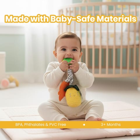 Nuluv Pineapple Baby Rattle Toy with Teething Leaf and Crinkle Sound, Soft Plush Developmental Toy for Sensory Play, Lightweight and Portable, Non-Toxic, BPA-Free, Travel-Friendly, for Kids 3+ Months