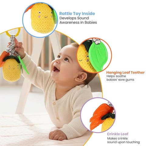 Nuluv Pineapple Baby Rattle Toy with Teething Leaf and Crinkle Sound, Soft Plush Developmental Toy for Sensory Play, Lightweight and Portable, Non-Toxic, BPA-Free, Travel-Friendly, for Kids 3+ Months