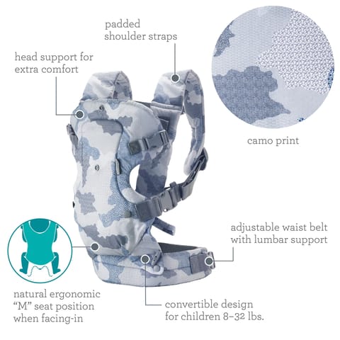 Infantino Flip 4-in-1 Convertible Carrier with Adjustable Ergonomic seat, Head Support, Shoulder Straps, and Waist Belt, 4 Ways to Carry, Can Carry (3.6-14.5 Kgs), Camo