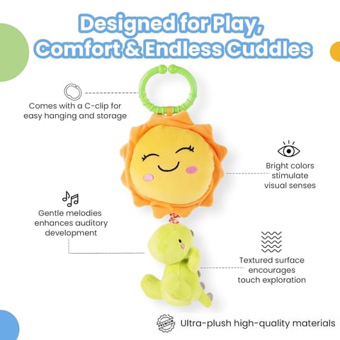 Nuluv Dino Musical Soft Toy for Babies, Plush Dinosaur with Soothing Melodies, Sensory Development, Fine Motor Skills and Hand-Eye Coordination, Safe and Cuddly Infant Toy for 3+ Months
