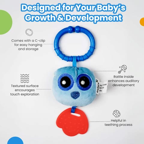 Nuluv Owl Teether Rattle Plush Toy, Soft & Cuddly with Stroller Attachment Ribbon for 3+ Months Babies