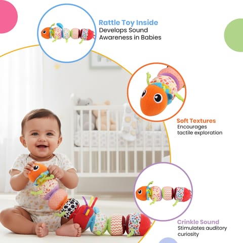 Nuluv Activity Caterpillar Baby Toy, Sensory Rattle and Crinkle Sound, BPA and PVC Free, Soft, Colorful Developmental Toy for 3+ Months, Mix and Match Play for Learning and Motor Skills