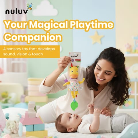 Nuluv Jittery Musical Moo Baby Stroller Toy, Vibrating Soft Plush Toy with Teether and Gentle Music, Hanging Crib Toy, Non-Toxic, BPA-Free, Travel-Friendly, for Kids 3+ Months