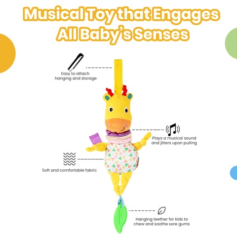 Nuluv Jittery Musical Moo Baby Stroller Toy, Vibrating Soft Plush Toy with Teether and Gentle Music, Hanging Crib Toy, Non-Toxic, BPA-Free, Travel-Friendly, for Kids 3+ Months