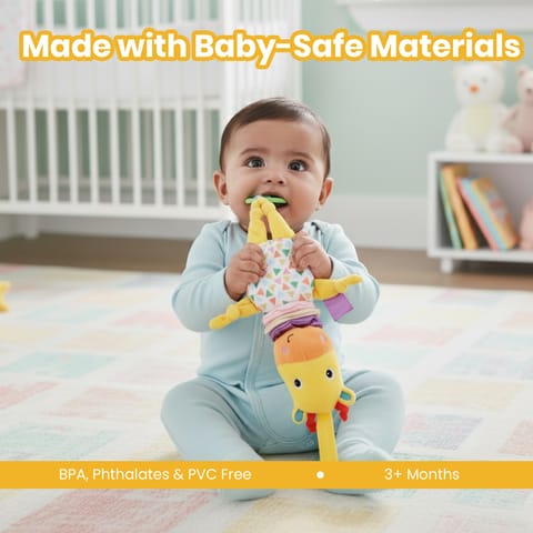 Nuluv Jittery Musical Moo Baby Stroller Toy, Vibrating Soft Plush Toy with Teether and Gentle Music, Hanging Crib Toy, Non-Toxic, BPA-Free, Travel-Friendly, for Kids 3+ Months