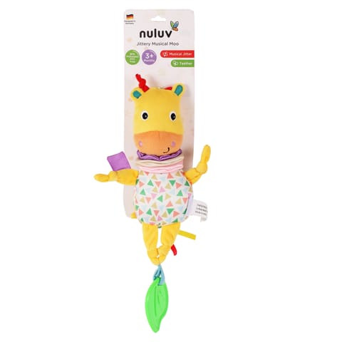 Nuluv Jittery Musical Moo Baby Stroller Toy, Vibrating Soft Plush Toy with Teether and Gentle Music, Hanging Crib Toy, Non-Toxic, BPA-Free, Travel-Friendly, for Kids 3+ Months