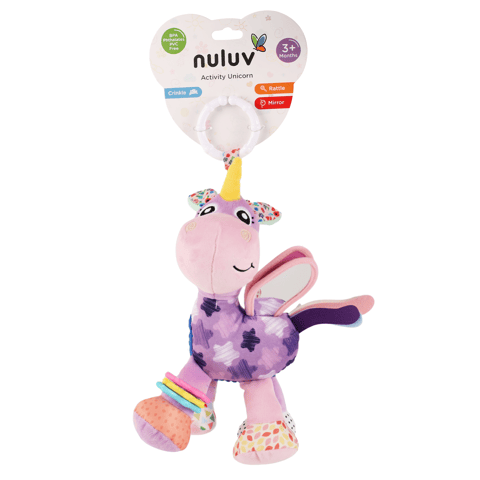 Nuluv Activity Unicorn Baby Toy with Rattle, Crinkle, Mirror and Hanging Ring, Soft Sensory Plush Toy for Playtime Fun Non-Toxic, BPA-Free, Travel-Friendly, for Kids 3+ Months