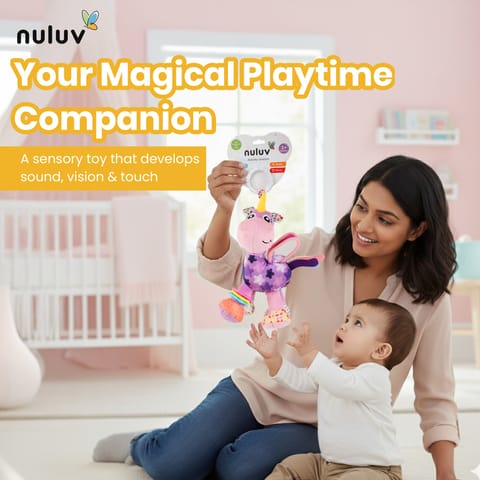 Nuluv Activity Unicorn Baby Toy with Rattle, Crinkle, Mirror and Hanging Ring, Soft Sensory Plush Toy for Playtime Fun Non-Toxic, BPA-Free, Travel-Friendly, for Kids 3+ Months