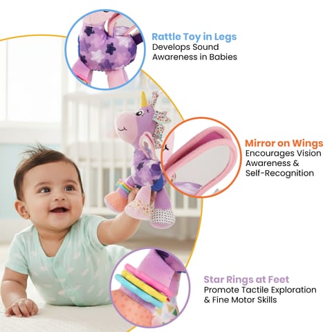 Nuluv Activity Unicorn Baby Toy with Rattle, Crinkle, Mirror and Hanging Ring, Soft Sensory Plush Toy for Playtime Fun Non-Toxic, BPA-Free, Travel-Friendly, for Kids 3+ Months