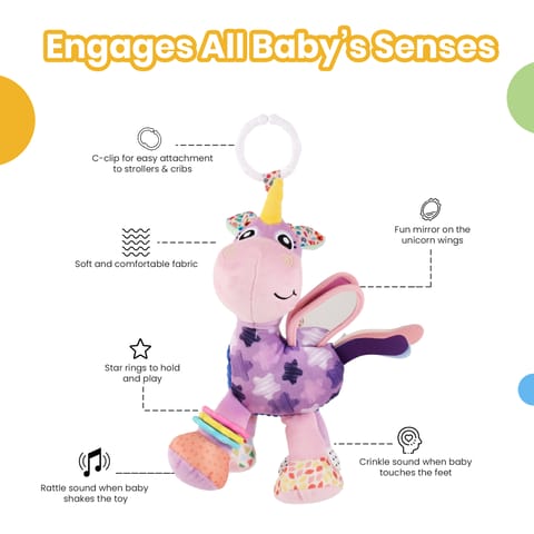Nuluv Activity Unicorn Baby Toy with Rattle, Crinkle, Mirror and Hanging Ring, Soft Sensory Plush Toy for Playtime Fun Non-Toxic, BPA-Free, Travel-Friendly, for Kids 3+ Months