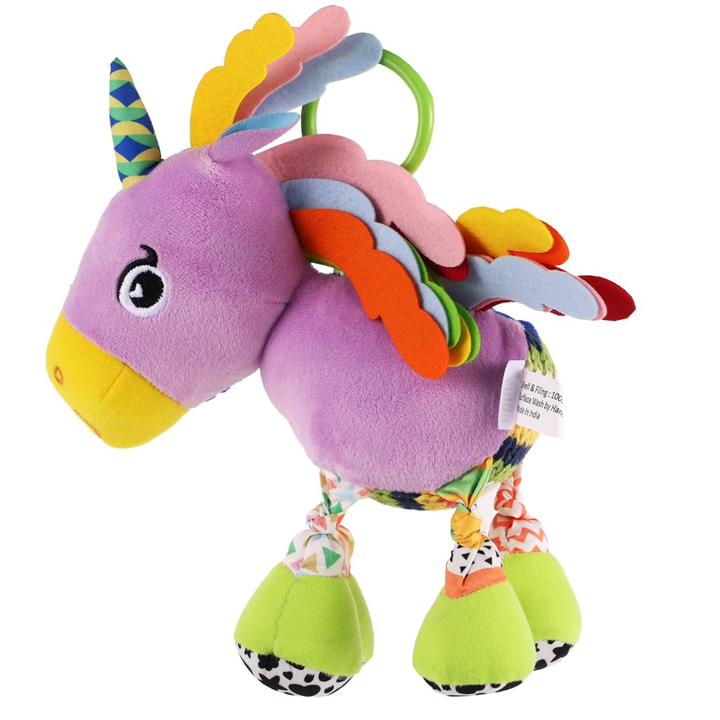 Nuluv Sparkly Unicorn Baby Toy with Rattle, Crinkle Wings and Star Rings, Soft Sensory Plush Toy for Playtime Fun, Lightweight and Portable, Non-Toxic, BPA-Free for Kids 3+ Months