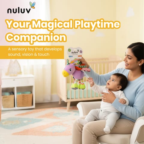 Nuluv Sparkly Unicorn Baby Toy with Rattle, Crinkle Wings and Star Rings, Soft Sensory Plush Toy for Playtime Fun, Lightweight and Portable, Non-Toxic, BPA-Free for Kids 3+ Months