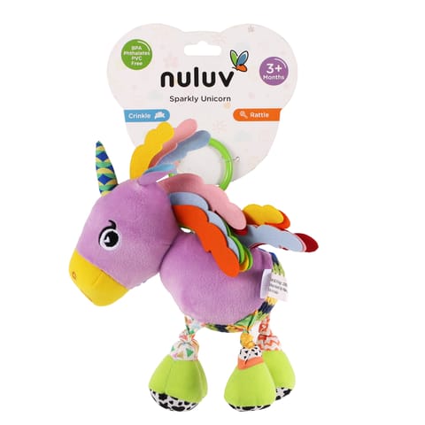 Nuluv Sparkly Unicorn Baby Toy with Rattle, Crinkle Wings and Star Rings, Soft Sensory Plush Toy for Playtime Fun, Lightweight and Portable, Non-Toxic, BPA-Free for Kids 3+ Months