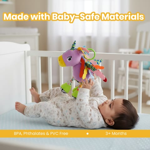 Nuluv Sparkly Unicorn Baby Toy with Rattle, Crinkle Wings and Star Rings, Soft Sensory Plush Toy for Playtime Fun, Lightweight and Portable, Non-Toxic, BPA-Free for Kids 3+ Months