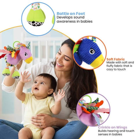 Nuluv Sparkly Unicorn Baby Toy with Rattle, Crinkle Wings and Star Rings, Soft Sensory Plush Toy for Playtime Fun, Lightweight and Portable, Non-Toxic, BPA-Free for Kids 3+ Months