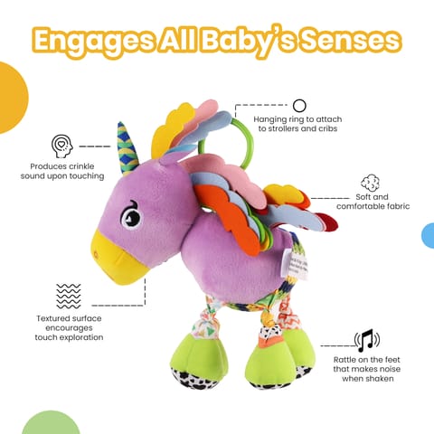 Nuluv Sparkly Unicorn Baby Toy with Rattle, Crinkle Wings and Star Rings, Soft Sensory Plush Toy for Playtime Fun, Lightweight and Portable, Non-Toxic, BPA-Free for Kids 3+ Months