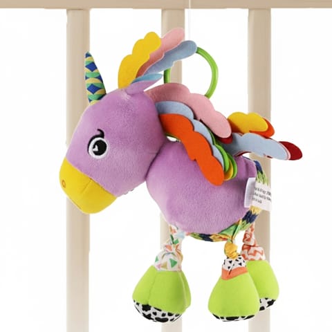 Nuluv Sparkly Unicorn Baby Toy with Rattle, Crinkle Wings and Star Rings, Soft Sensory Plush Toy for Playtime Fun, Lightweight and Portable, Non-Toxic, BPA-Free for Kids 3+ Months