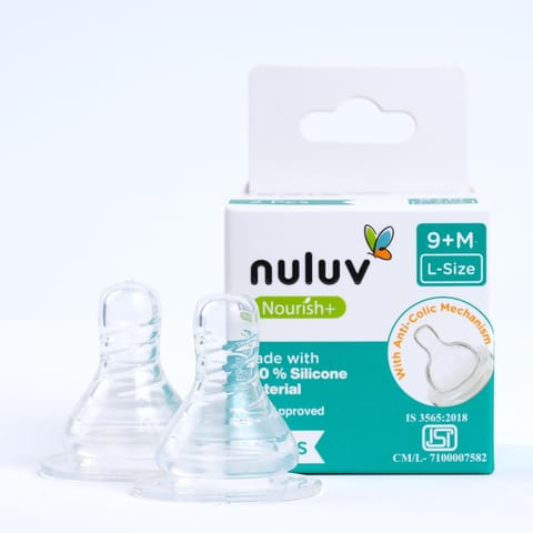 Nourish+ Silicone Baby Bottle Nipple 9M+ (L-Size), Anti-Colic Teat for Newborns, 100% Soft Silicone, BPA-Free, BIS Approved, Compatible with Narrow Neck Bottles, Pack of 2