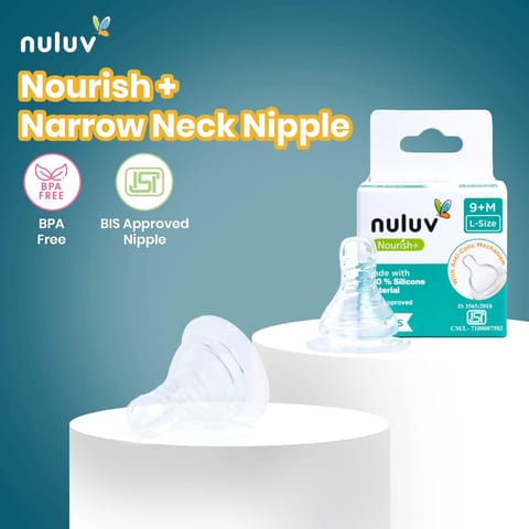 Nourish+ Silicone Baby Bottle Nipple 9M+ (L-Size), Anti-Colic Teat for Newborns, 100% Soft Silicone, BPA-Free, BIS Approved, Compatible with Narrow Neck Bottles, Pack of 2