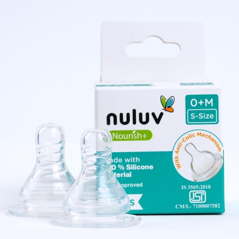 Nourish+ Silicone Baby Bottle Nipple 0M+ (S-Size), Anti-Colic Teat for Newborns, 100% Soft Silicone, BPA-Free, BIS Approved, Compatible with Narrow Neck Bottles, Pack of 2