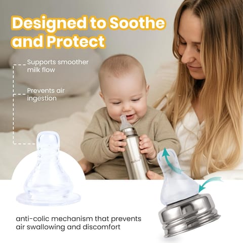 Nourish+ Silicone Baby Bottle Nipple 0M+ (S-Size), Anti-Colic Teat for Newborns, 100% Soft Silicone, BPA-Free, BIS Approved, Compatible with Narrow Neck Bottles, Pack of 2