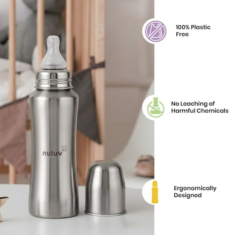 Nuluv Nourish+ Stainless Steel Feeding Bottle, Food Grade 304 SS, Anti-Colic Silicone Nipple,Plastic Free and Leak-Resistant Baby Bottle, for Babies 0+ Months, Easy to Clean, 240ml, BIS Certified