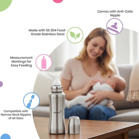 Nuluv Nourish+ Stainless Steel Feeding Bottle, Food Grade 304 SS, Anti-Colic Silicone Nipple,Plastic Free and Leak-Resistant Baby Bottle, for Babies 0+ Months, Easy to Clean, 240ml, BIS Certified