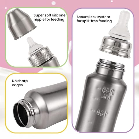 Nuluv Nourish+ Stainless Steel Feeding Bottle, Food Grade 304 SS, Anti-Colic Silicone Nipple,Plastic Free and Leak-Resistant Baby Bottle, for Babies 0+ Months, Easy to Clean, 240ml, BIS Certified