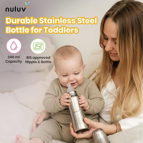 Nuluv Nourish+ Stainless Steel Feeding Bottle, Food Grade 304 SS, Anti-Colic Silicone Nipple,Plastic Free and Leak-Resistant Baby Bottle, for Babies 0+ Months, Easy to Clean, 240ml, BIS Certified