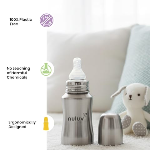 Nuluv Nourish+ Stainless Steel Feeding Bottle 140ml with S Size Nipple, 0+ Months Babies, Food Grade SS 304, Anti-Colic Silicone Nipple, BPA Free, Baby Bottle, Easy to Clean, BIS Certified