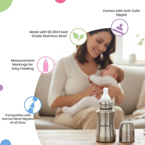 Nuluv Nourish+ Stainless Steel Feeding Bottle 140ml with S Size Nipple, 0+ Months Babies, Food Grade SS 304, Anti-Colic Silicone Nipple, BPA Free, Baby Bottle, Easy to Clean, BIS Certified