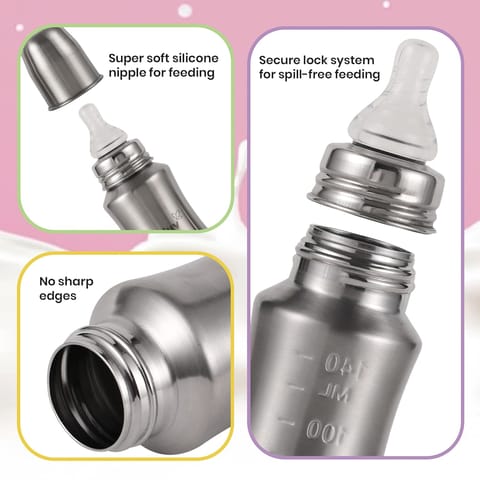 Nuluv Nourish+ Stainless Steel Feeding Bottle 140ml with S Size Nipple, 0+ Months Babies, Food Grade SS 304, Anti-Colic Silicone Nipple, BPA Free, Baby Bottle, Easy to Clean, BIS Certified