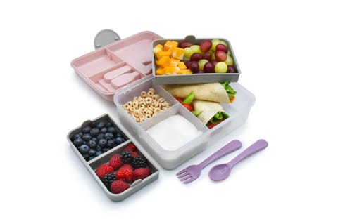 melii 2 Tier Bento 6 Compartment Lunch Box with Spoon & Fork, Pink Purple Grey