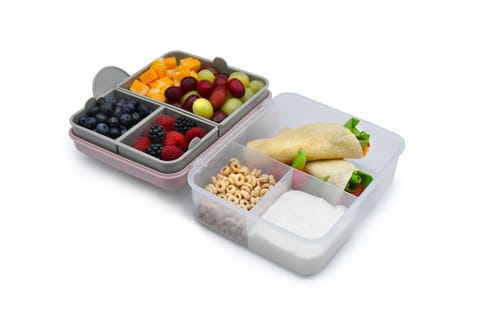 melii 2 Tier Bento 6 Compartment Lunch Box with Spoon & Fork, Pink Purple Grey