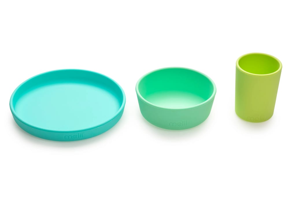Melii 3 Piece Silicone Meal Set Plate, Bowl and Cup Set for Toddlers, Kids and Children (Lime, Mint, Blue)