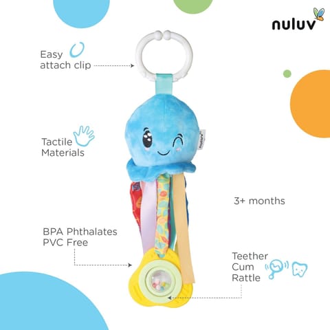 Nuluv Waves Octopus Plush Toy I Hanging Rattle I Stroller Toy for Baby 3 Months+ with Teether & Rattle Sound - Multicolor