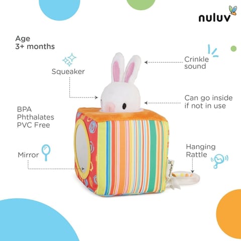 Nuluv Infant Plush Bunny Cube Early Learning Activity Play Toy with Squeaky Crinkle Rattle for Baby 3 Months+,Multicolor