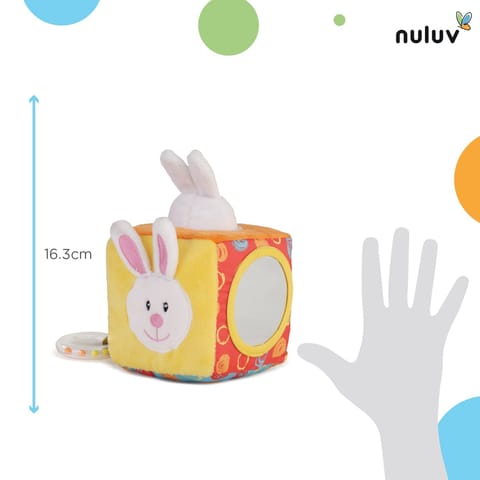 Nuluv Infant Plush Bunny Cube Early Learning Activity Play Toy with Squeaky Crinkle Rattle for Baby 3 Months+,Multicolor