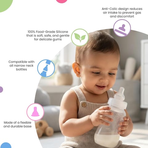 Nuluv Nourish+ Wide Neck Silicone Nipple for Feeding Bottles, 3M+ M-Size, Anti-Colic Mechanism, 100% Soft Silicone, BPA-Free, BIS Approved, Pack of 2