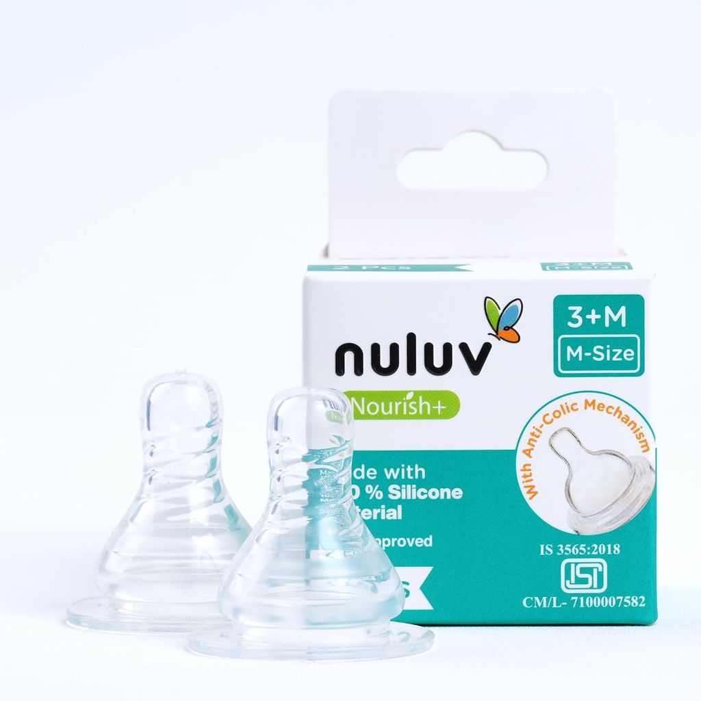 Nuluv Nourish+ Wide Neck Silicone Nipple for Feeding Bottles, 3M+ M-Size, Anti-Colic Mechanism, 100% Soft Silicone, BPA-Free, BIS Approved, Pack of 2