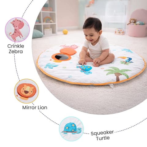 Jungle Jamboree Activity Play Mat for Baby, Soft Sensory Playmat with Mirror, Crinkle & Squeaker, Non-Toxic Round Floor Mat Skill Development, for Kids 2+ Months