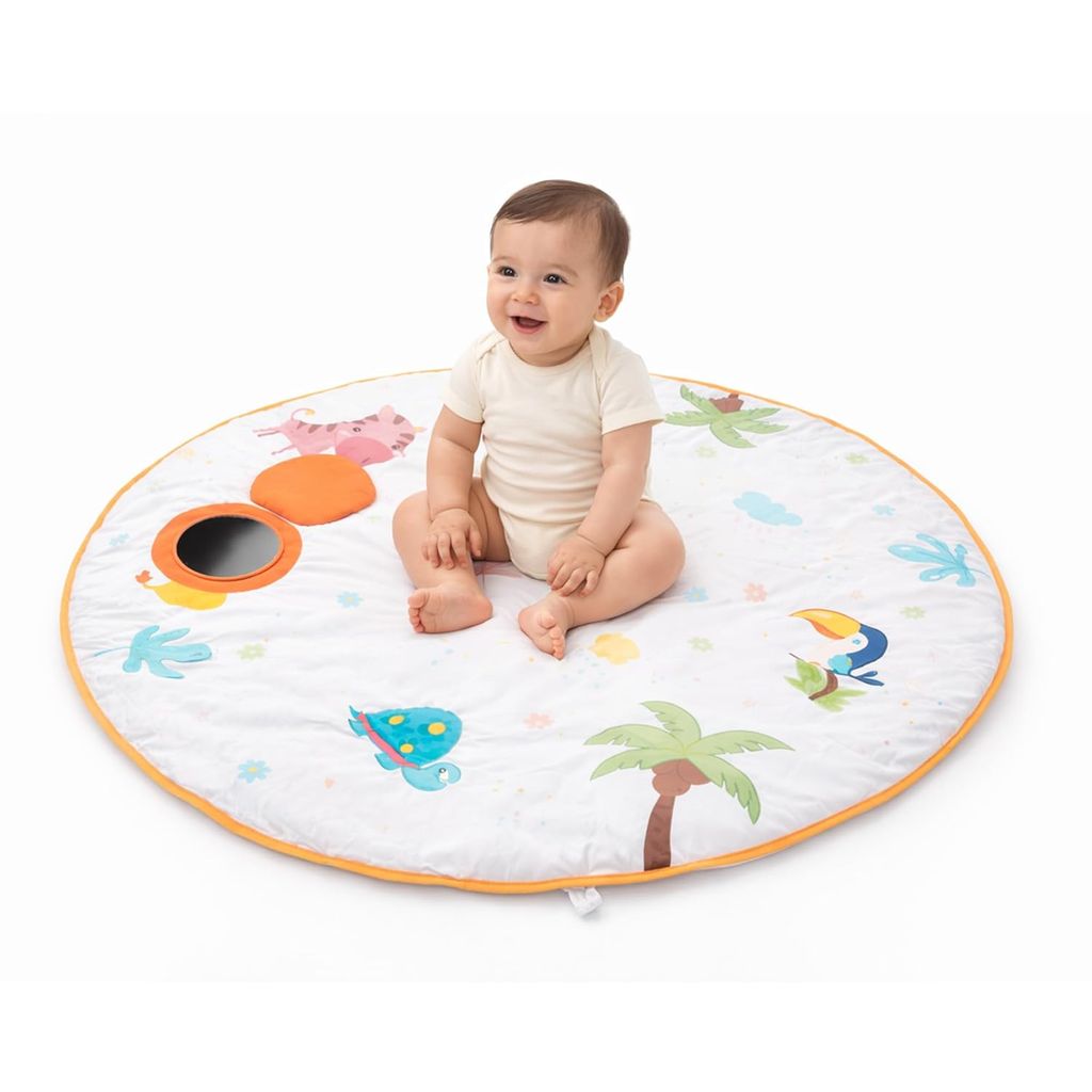 Jungle Jamboree Activity Play Mat for Baby, Soft Sensory Playmat with Mirror, Crinkle & Squeaker, Non-Toxic Round Floor Mat Skill Development, for Kids 2+ Months
