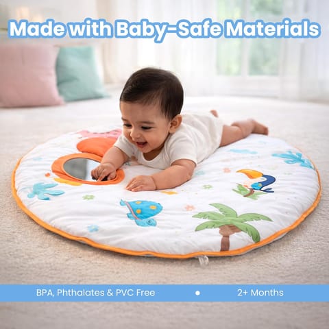 Jungle Jamboree Activity Play Mat for Baby, Soft Sensory Playmat with Mirror, Crinkle & Squeaker, Non-Toxic Round Floor Mat Skill Development, for Kids 2+ Months