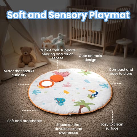 Jungle Jamboree Activity Play Mat for Baby, Soft Sensory Playmat with Mirror, Crinkle & Squeaker, Non-Toxic Round Floor Mat Skill Development, for Kids 2+ Months