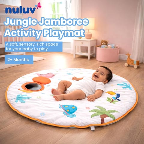 Jungle Jamboree Activity Play Mat for Baby, Soft Sensory Playmat with Mirror, Crinkle & Squeaker, Non-Toxic Round Floor Mat Skill Development, for Kids 2+ Months