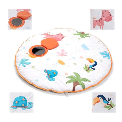 Jungle Jamboree Activity Play Mat for Baby, Soft Sensory Playmat with Mirror, Crinkle & Squeaker, Non-Toxic Round Floor Mat Skill Development, for Kids 2+ Months
