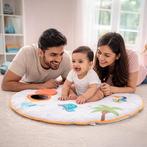 Jungle Jamboree Activity Play Mat for Baby, Soft Sensory Playmat with Mirror, Crinkle & Squeaker, Non-Toxic Round Floor Mat Skill Development, for Kids 2+ Months