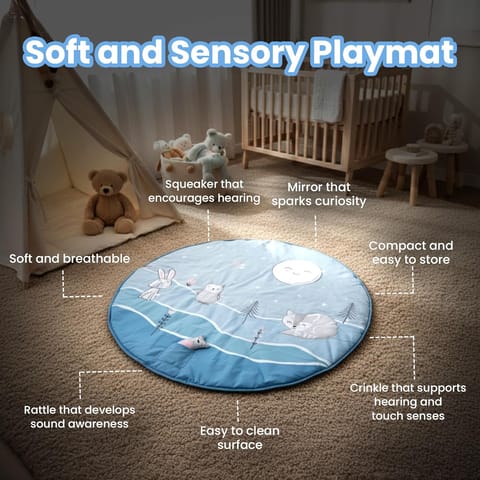 Moonlight Activity Play Mat for Babies, Soft & Breathable Sensory Playmat with Mirror, Crinkle & Rattle, Non-Toxic Floor Mat for Tummy Time & Skill Development, for Kids 2+ Months